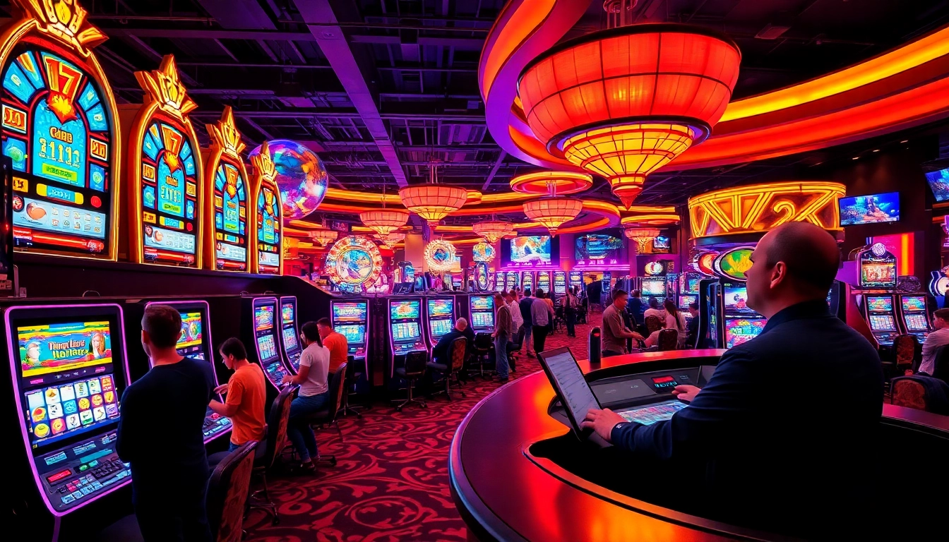 JalanToto menampilkan suasana kasino yang ramai dengan mesin slot berwarna-warni.