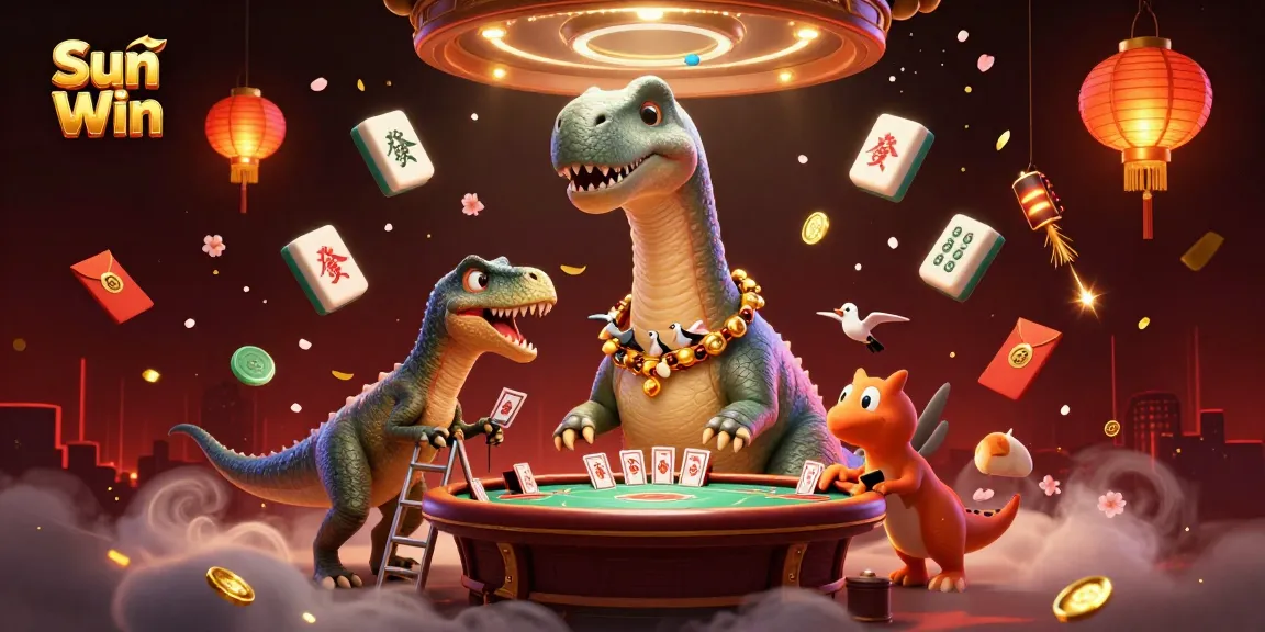 Engage in thrilling gameplay with Sun Win at a vibrant cartoon casino featuring a giant brontosaurus.