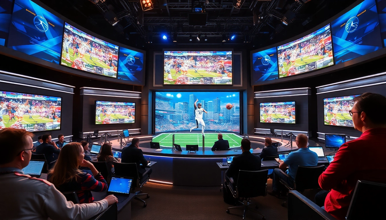 Engaging professionals in sports broadcasting studio analyzing live events with high-tech visuals.
