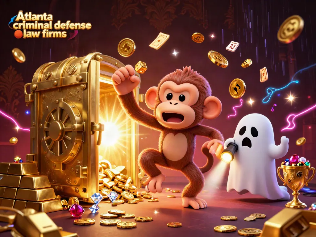 Playful scene of Atlanta criminal defense law firms with a magical poltergeist monkey juggling coins and a puppy hunter tracking it.