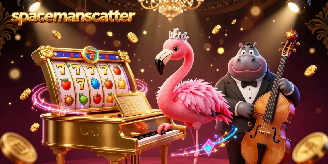 Experience the excitement of spacemanscatter with vibrant slot elements and lively characters in this dynamic casino illustration.