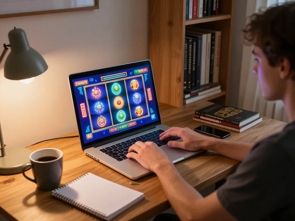 situs slot gacor - Engaging online gaming experience with a player actively participating in a vibrant slot machine game on a laptop