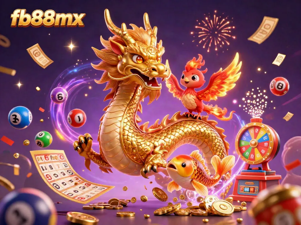 Win big with fb88mx: A vibrant 3D illustration featuring a dragon, phoenix, and koi fish amid casino rewards.