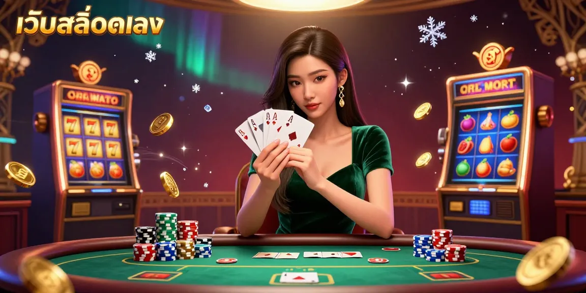 Play slots seamlessly on เว็บสล็อตตรง with a beautiful woman at a luxurious poker table, surrounded by vibrant casino elements.