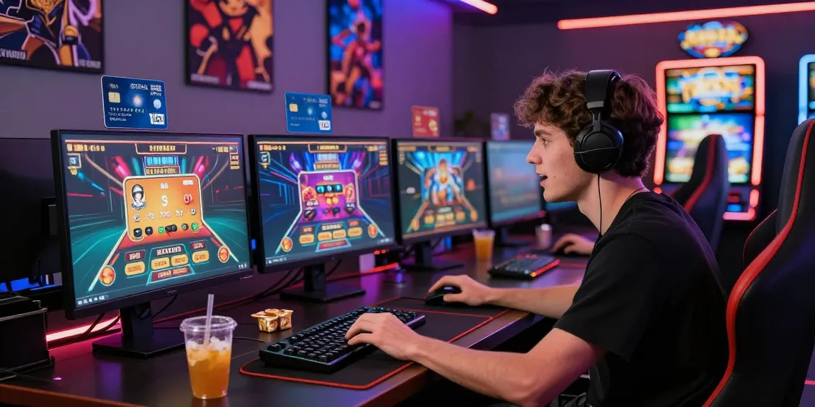Engaged player at a gaming desk with monitors, showcasing online casinos that accept credit cards in a vibrant atmosphere.