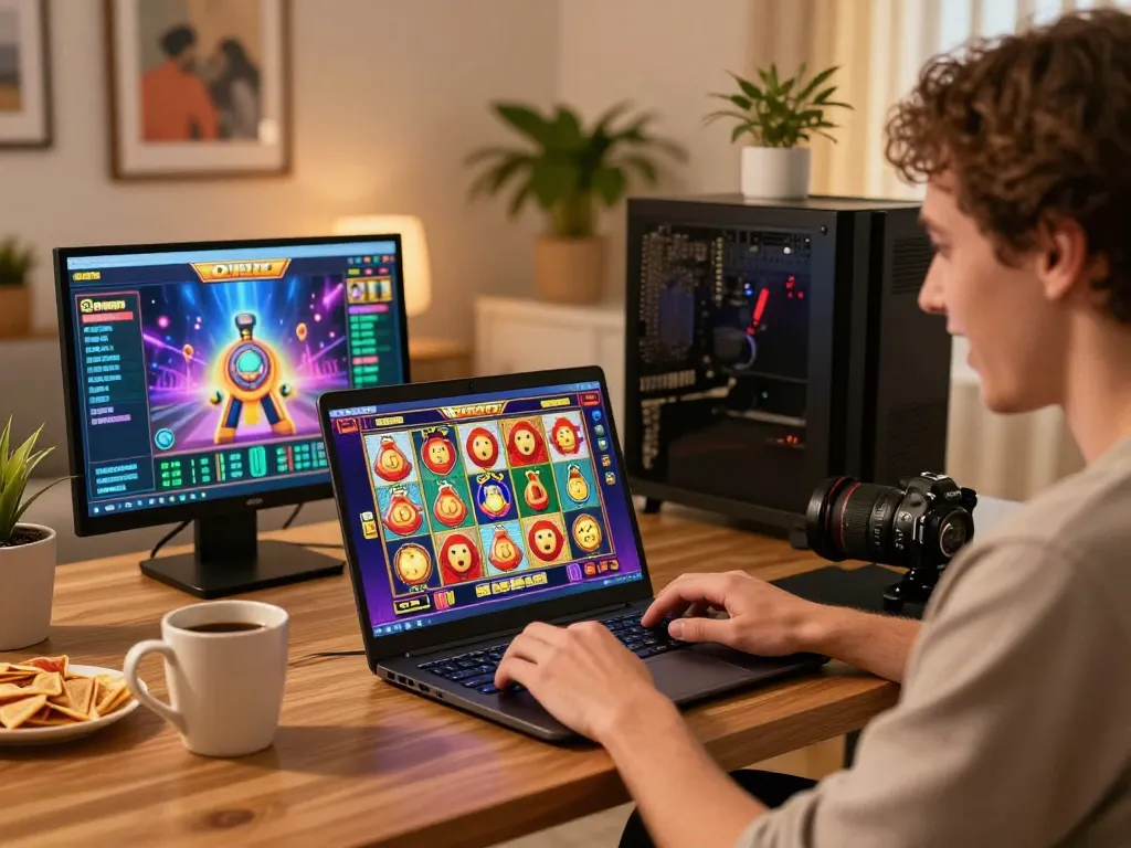 Engaging gameplay of slot online games on a laptop in a cozy home environment.