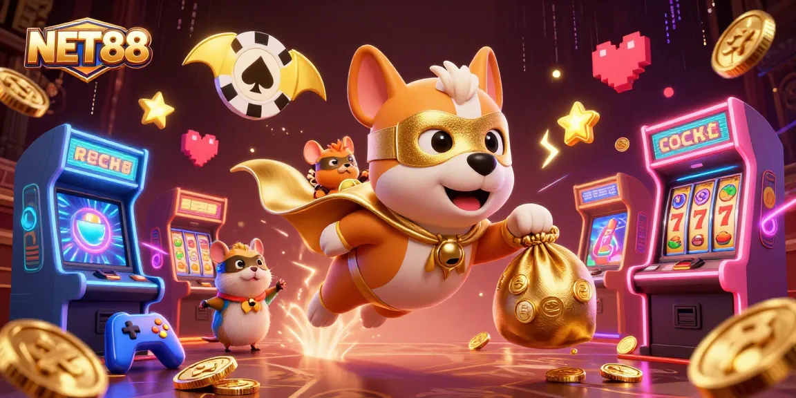 NET88 sparks excitement with cartoon superheroes and vibrant casino elements in this illustration.