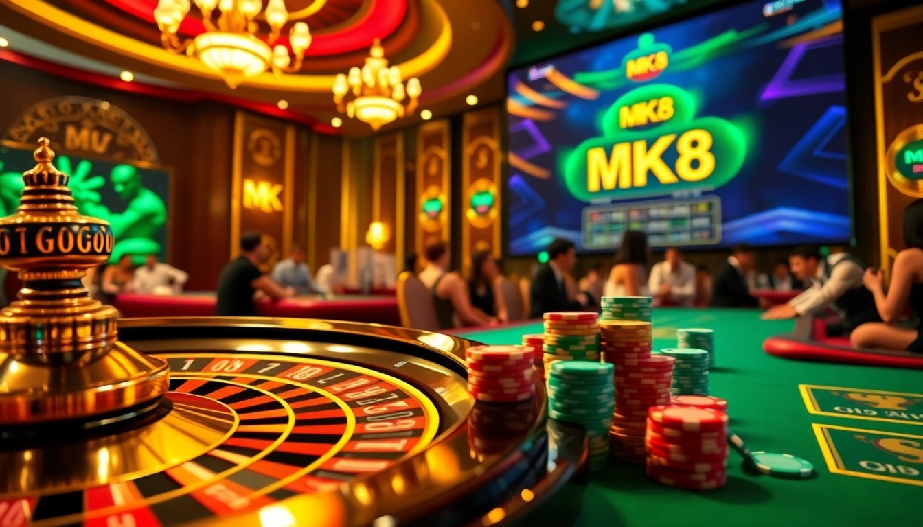 Experience the thrill of winning with MK8 โค้ด เคร ดิต ฟรี at a vibrant casino table, stacked with chips and games.