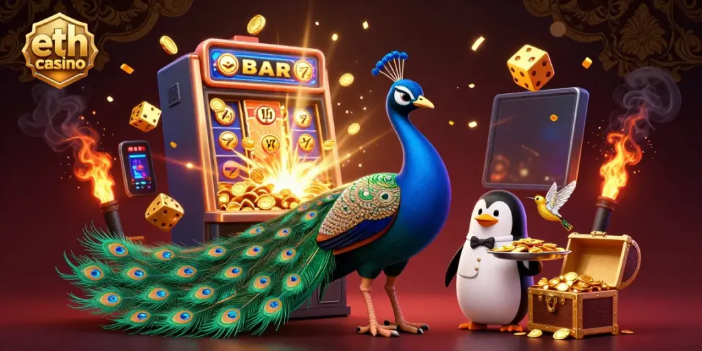 Play at eth casino with vibrant cartoon characters in a 3D rich illustration of slots, coins, and games.