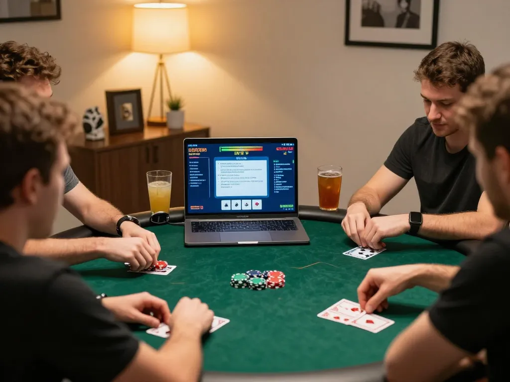 Players strategizing in an online poker game with m117 thrilling gameplay on screen, showcasing vibrant setups and ambiance.