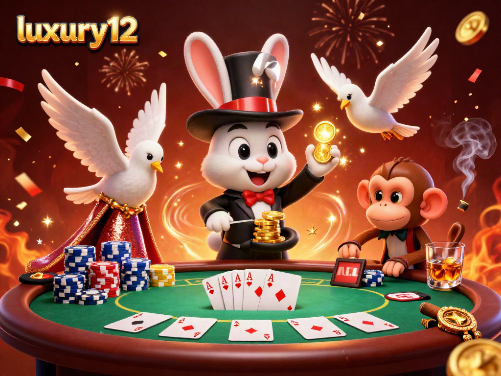 Menangkan permainan kartu di luxury12 dengan ilustrasi tiga karakter kasino yang berinteraksi
