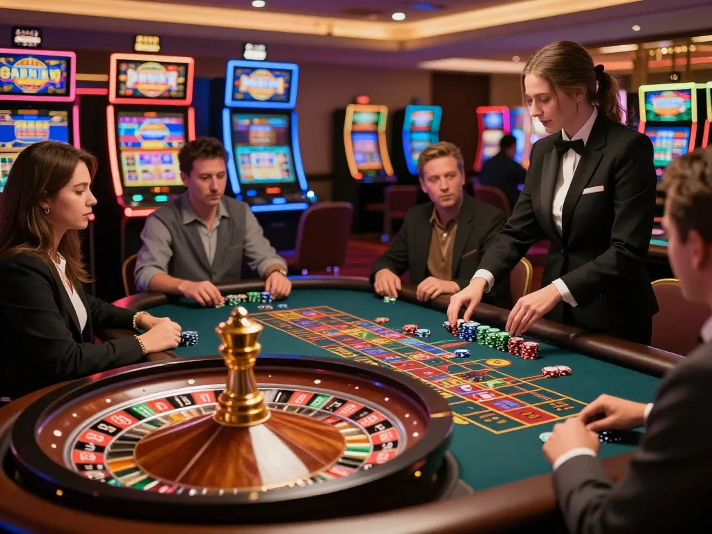Engaging roulette gameplay at Casino MM99 with players betting on vibrant table, lively atmosphere.