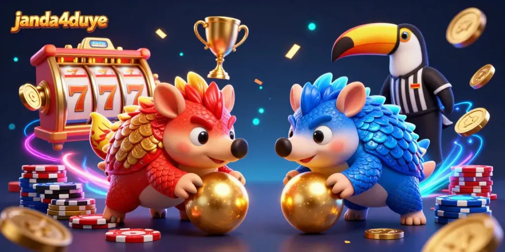 Gambarkan janda4duye di antara pangolin yang bersaing dengan latar slot judi yang megah.