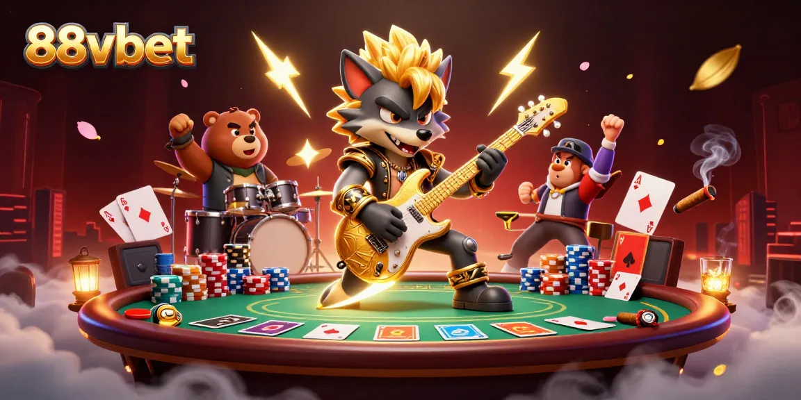 Engage in thrilling action with 88vbet's vibrant casino scene featuring a rock star wolf and exciting game elements.
