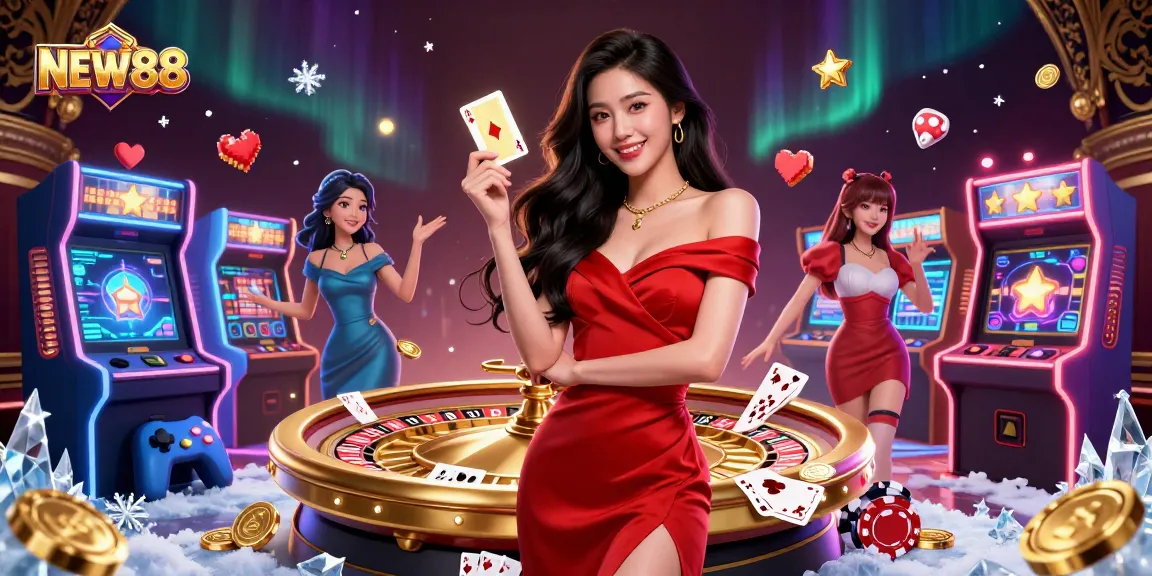 Play poker at NEW88 with vibrant graphics in a luxurious casino-themed illustration.