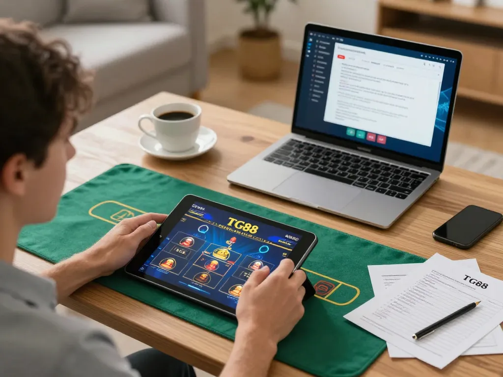 Player enjoying online casino gaming on TG88 app in a cozy home environment