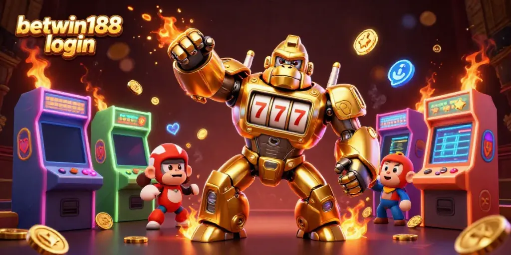 Gambar ilustrasi 3D menampilkan BETWIN188 login dengan gorila emas dalam tema mesin slot dan elemen permainan futuristik.