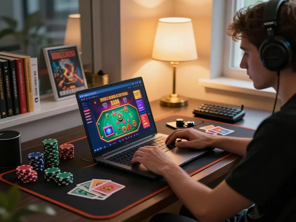 Engaging home gaming scene with sun win app displayed, player immersed in casino strategy.