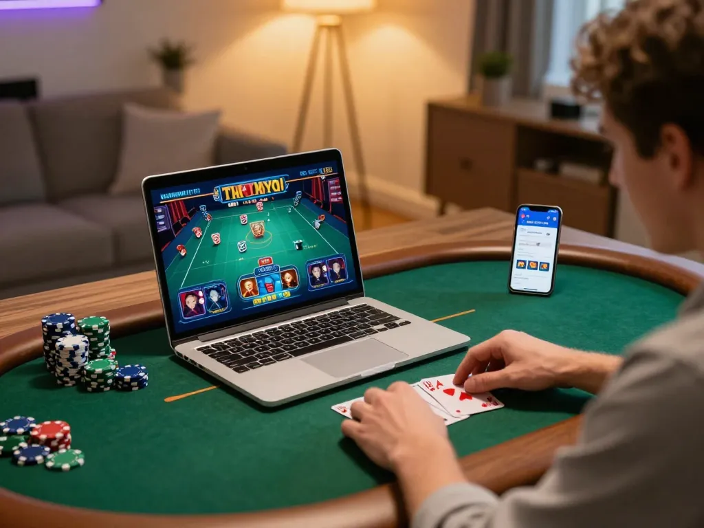 Player enjoying an online poker game on tr88vina, showcasing a strategic gaming moment with deep focus.