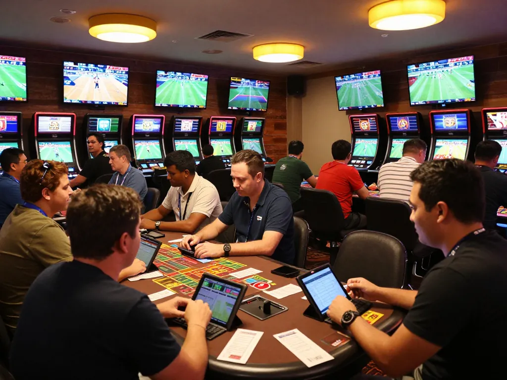 Exciting sports betting scene capturing kèo nhà cái hôm nay with bettors engaged in live games