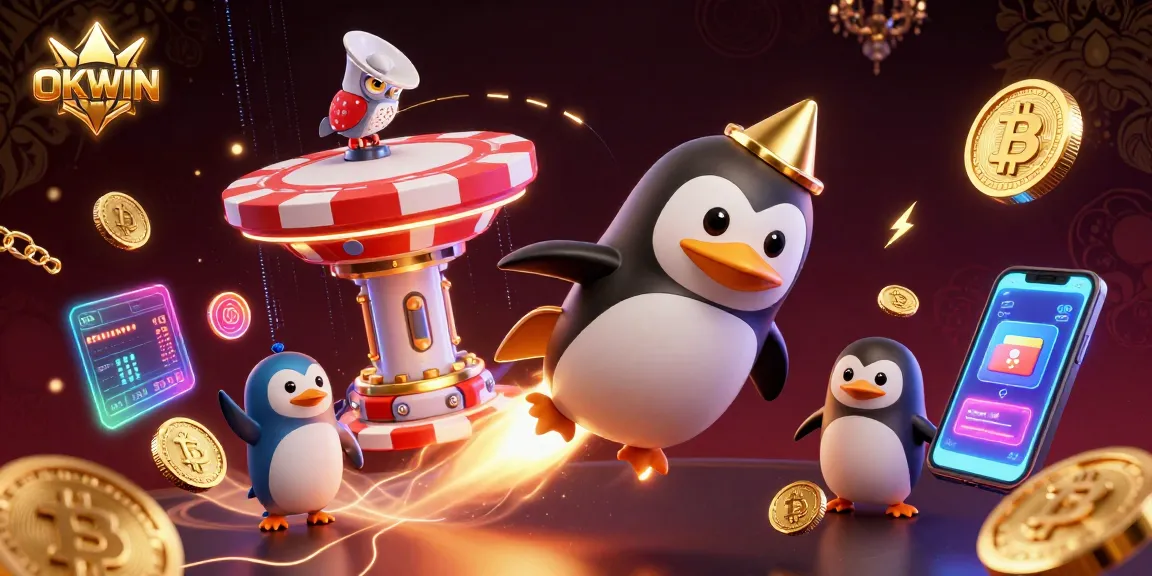 Experience OKWIN's thrilling space adventure with a golden penguin and cryptocurrency elements