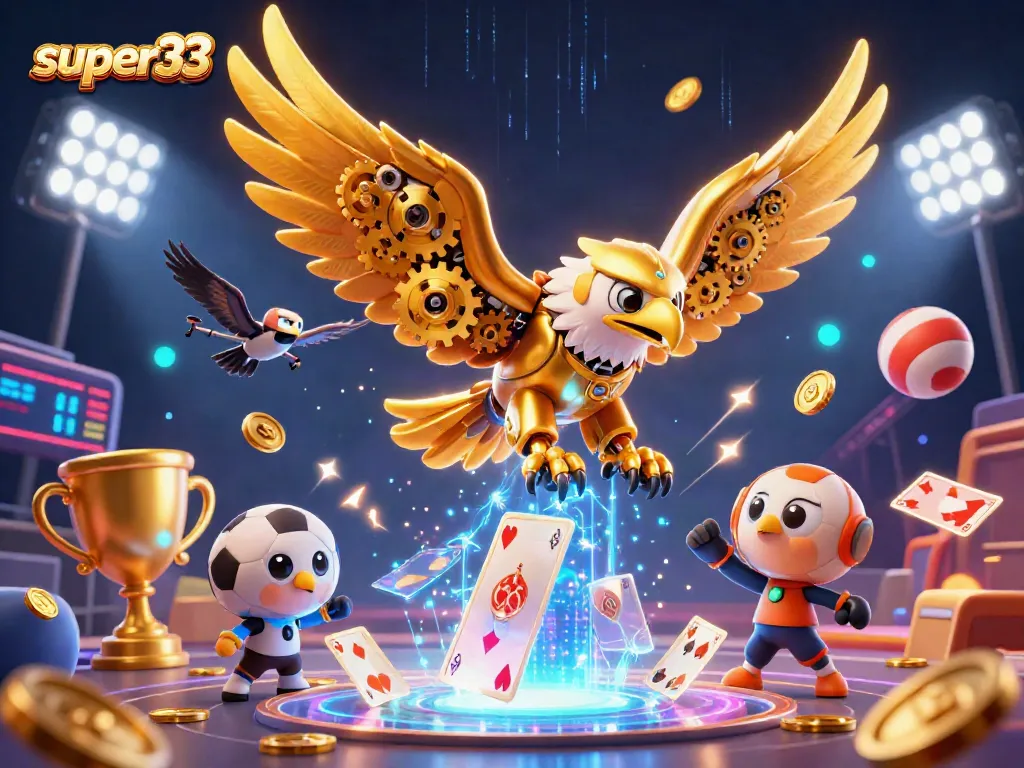 Experience thrilling gameplay with super33, as a cybernetic eagle dives through vibrant holographic cards in a dynamic scene.