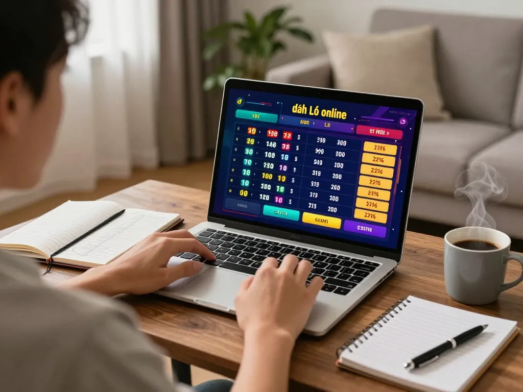 Engaging in đánh lô online from a cozy home setting, with live lottery display on laptop screen.