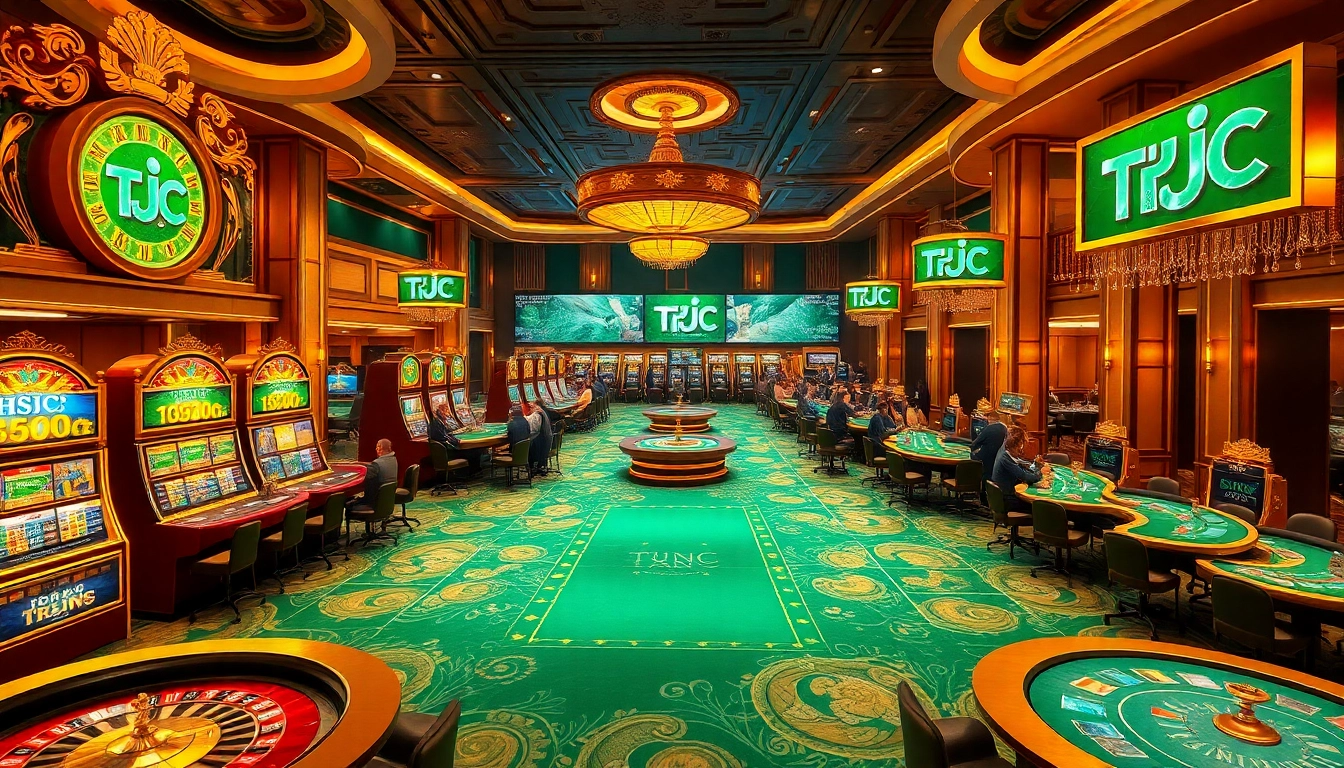 TẬP ĐOÀN KJC showcasing excitement and luxury on a bustling casino floor with vibrant games.