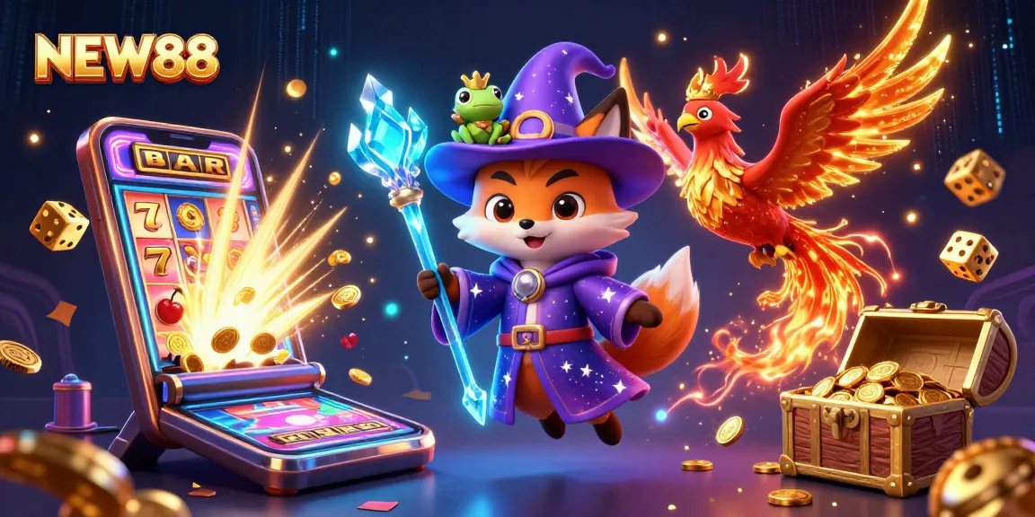 NEW88 players immerse in a magical casino world with a wizard fox, phoenix, and jackpot excitement.