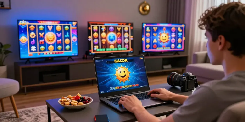 Player enjoying slot online gacor games on a laptop in a cozy living room.