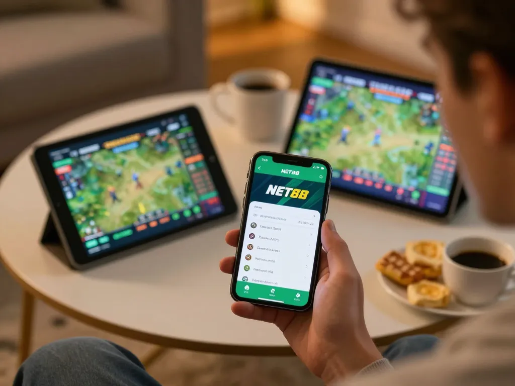 Engaging sports betting experience on net88 app displayed on smartphone in a cozy home setting
