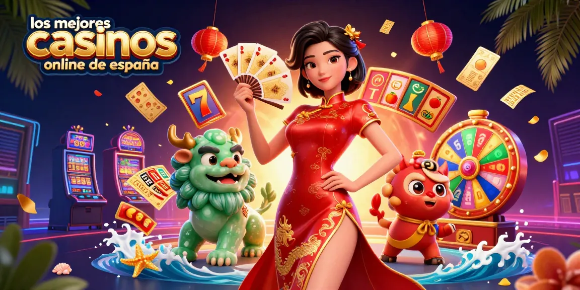 Experience los mejores casinos online de españa through a vibrant illustration showcasing a qipao-clad woman with dynamic gaming elements.