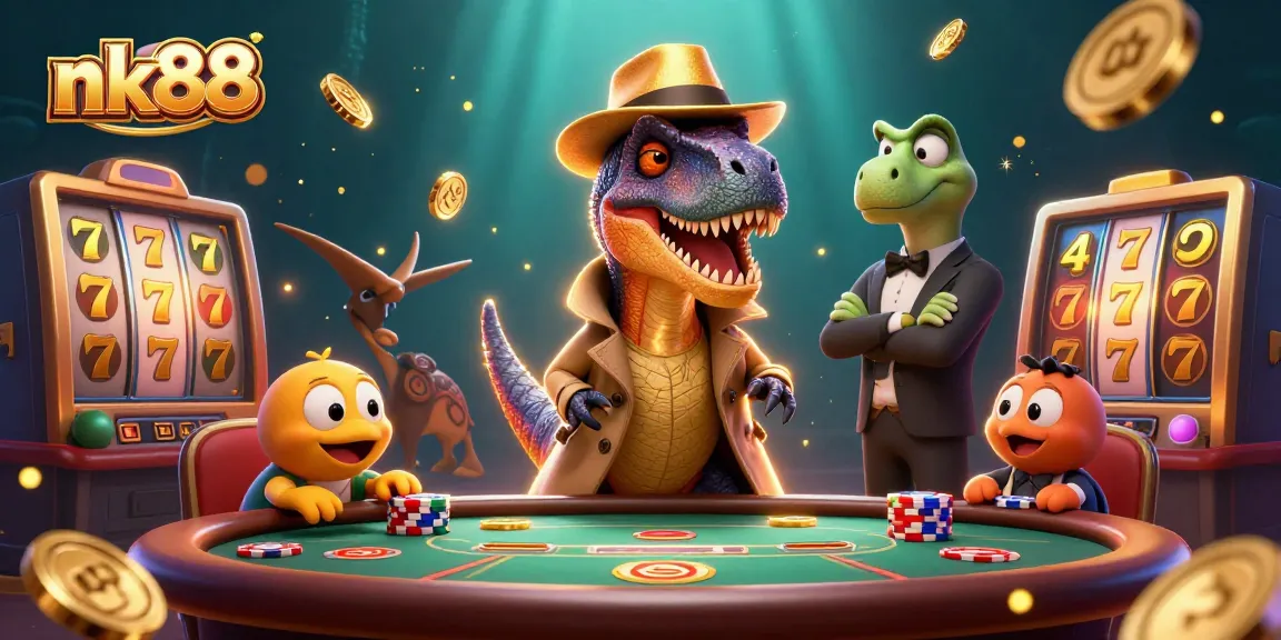 Win big at nk88 with a dynamic scene of cartoon characters at a blackjack table.