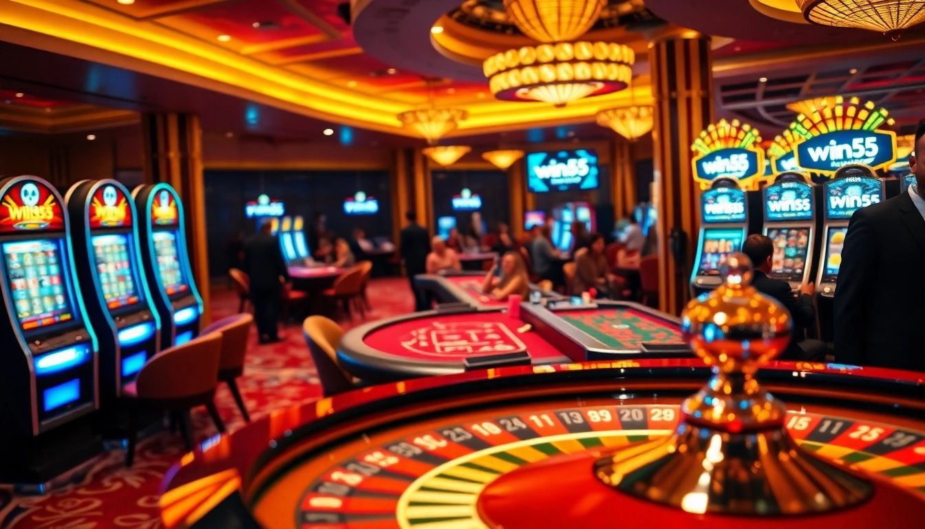 Gamblers enjoying a vibrant win55 casino experience at roulette and slot machines.