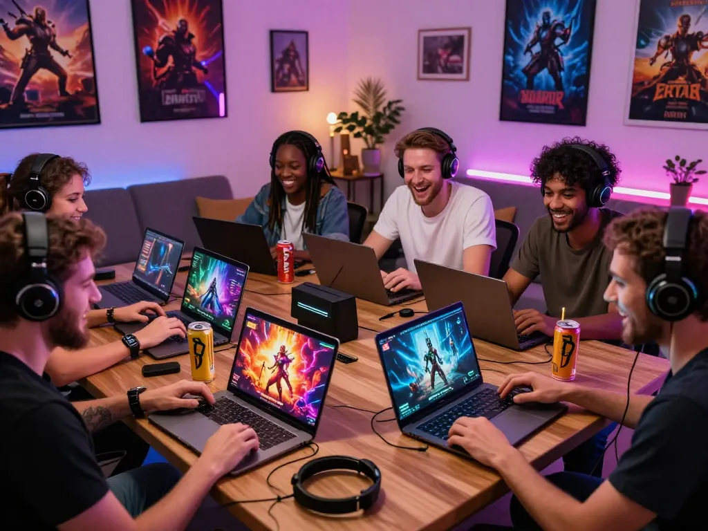 Adults playing immersive adult games in a cozy living room, showcasing interactive gameplay and vibrant graphics.