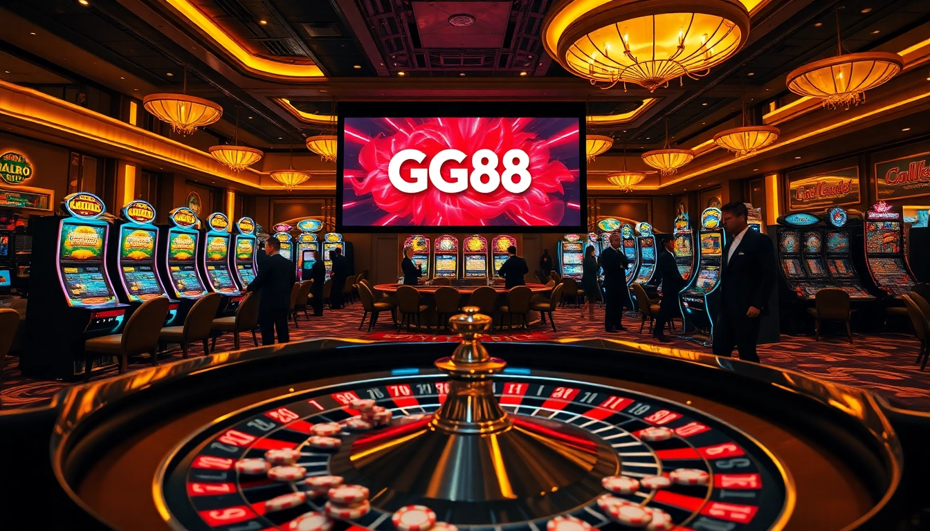 Experience the excitement of GG88 with a vibrant casino ambiance featuring slot machines and a roulette table.