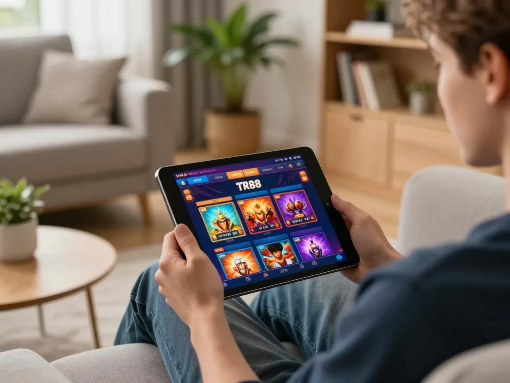 Engaging in thrilling gameplay on the TR88 app from a cozy home setup.