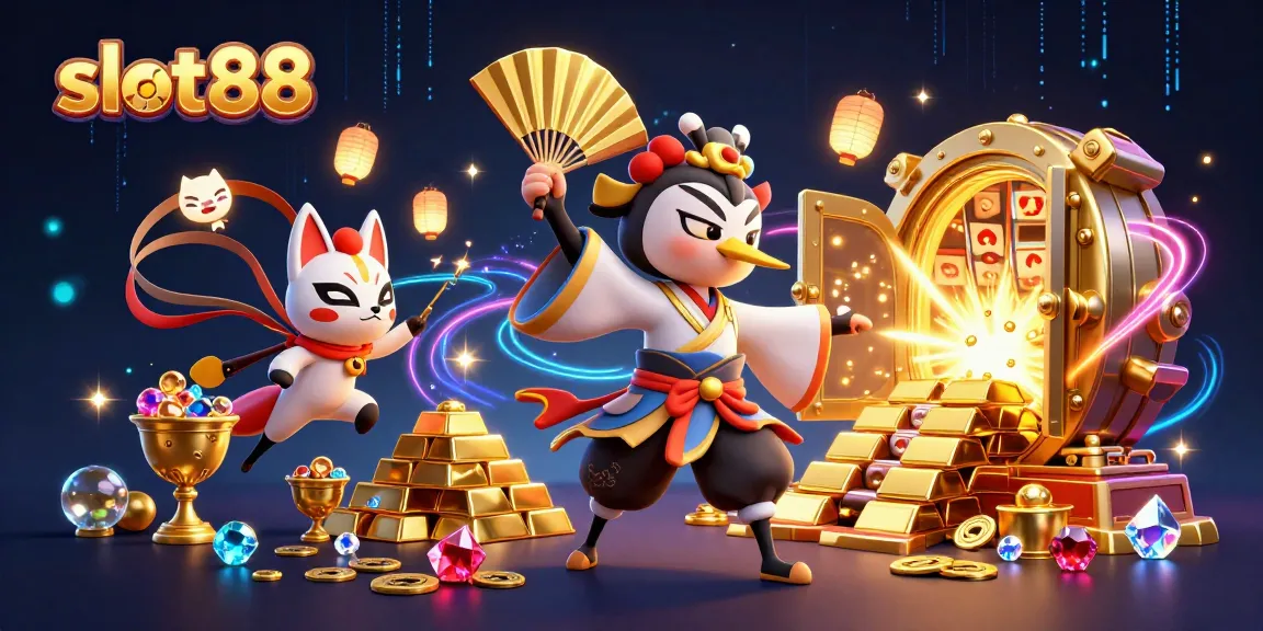 Experience exciting slots with slot88 in a vibrant 3D casino scene showcasing winning treasures.