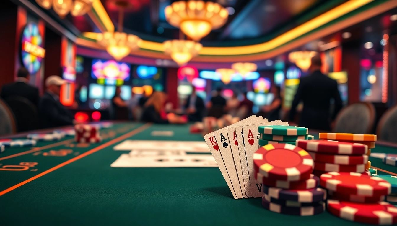 Engaged players enjoying a vibrant casino atmosphere with colorful chips and cards.