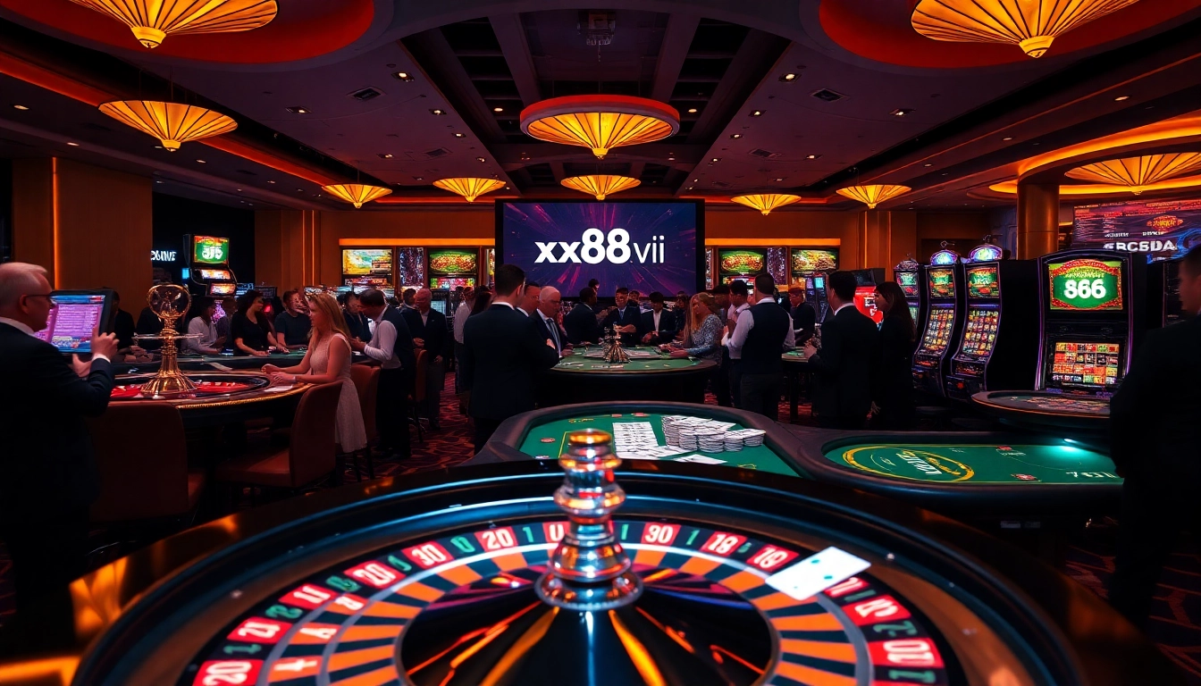Exciting casino scene featuring players at tables, showcasing gambling dynamics at https://xx88.vin/.