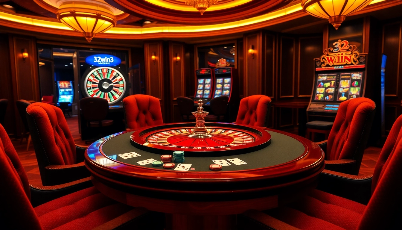 Experience the thrill of gaming at 32win3 with luxurious casino tables and vibrant slot machines.