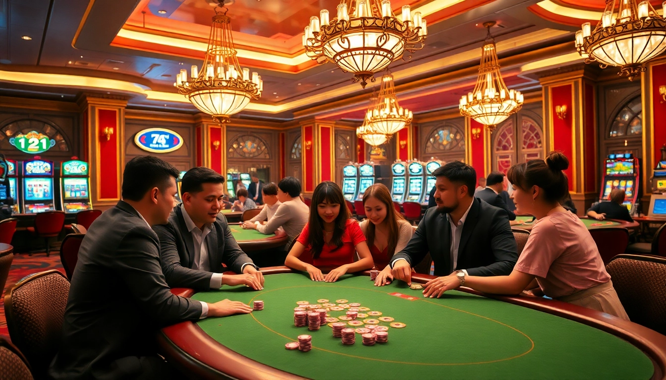 Hello88 players strategizing around a luxurious poker table in a vibrant casino setting.