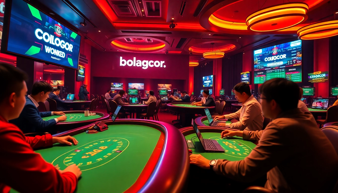 Dynamic online gambling scene representing bolagacor, featuring engaging casino players and vibrant digital interfaces.