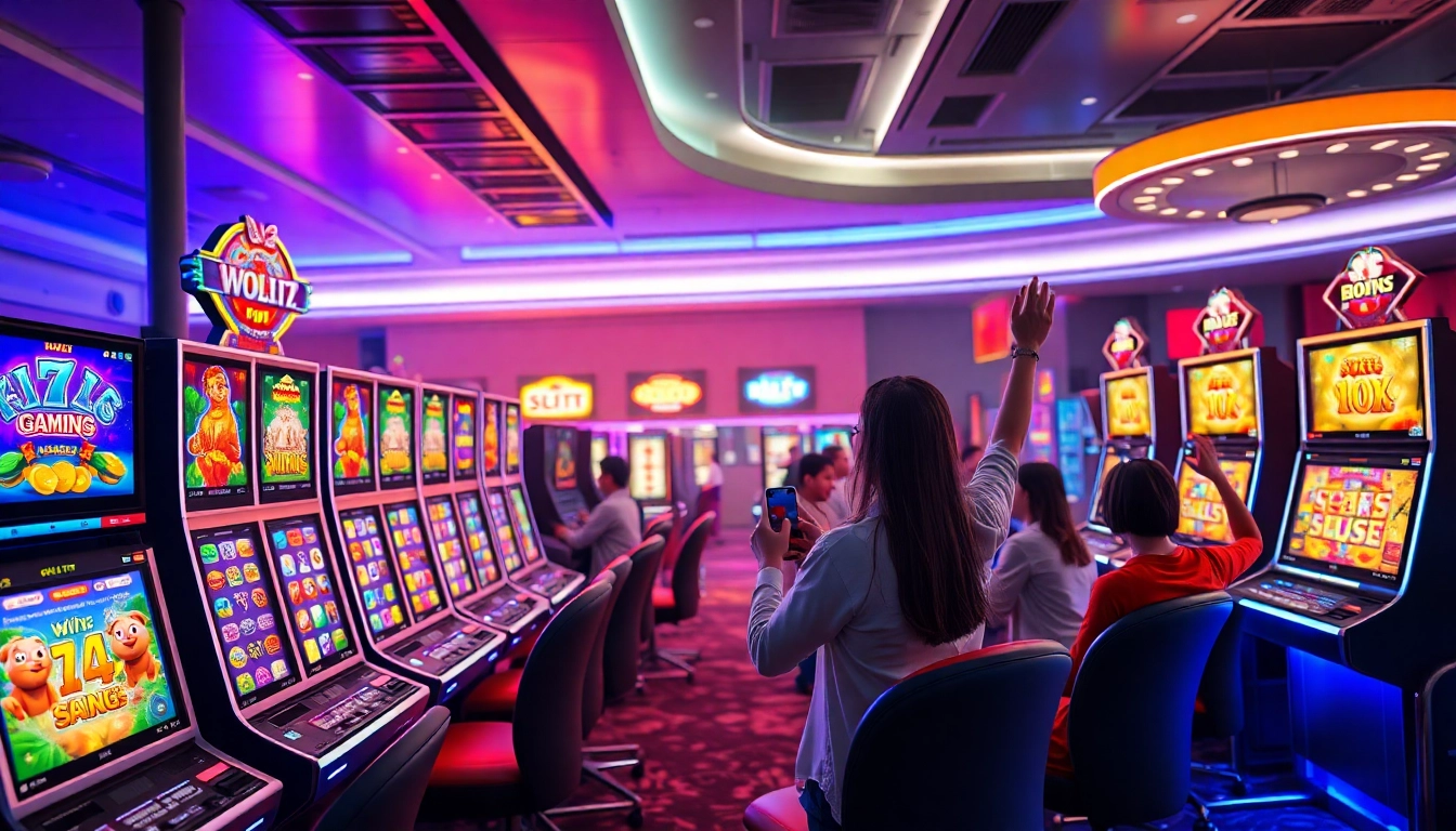 Experience the thrill of hoki138 with vibrant slot machines and engaged players in a modern gaming environment.