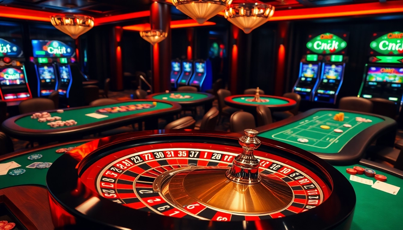 C168 gambling scene with casino tables, chips, and a roulette wheel in a luxurious setting.