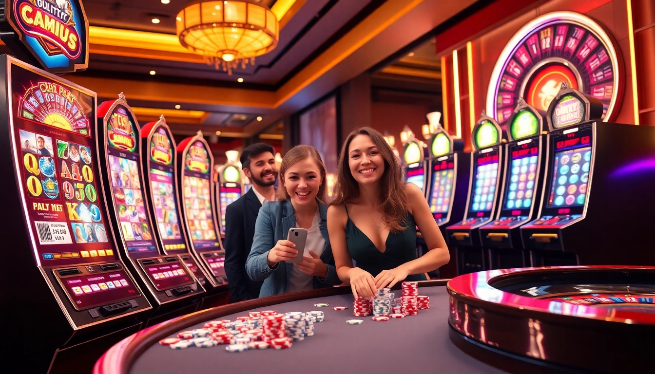 Players enjoying 온라인슬롯 games with colorful machines and casino chips in a luxury casino setting.