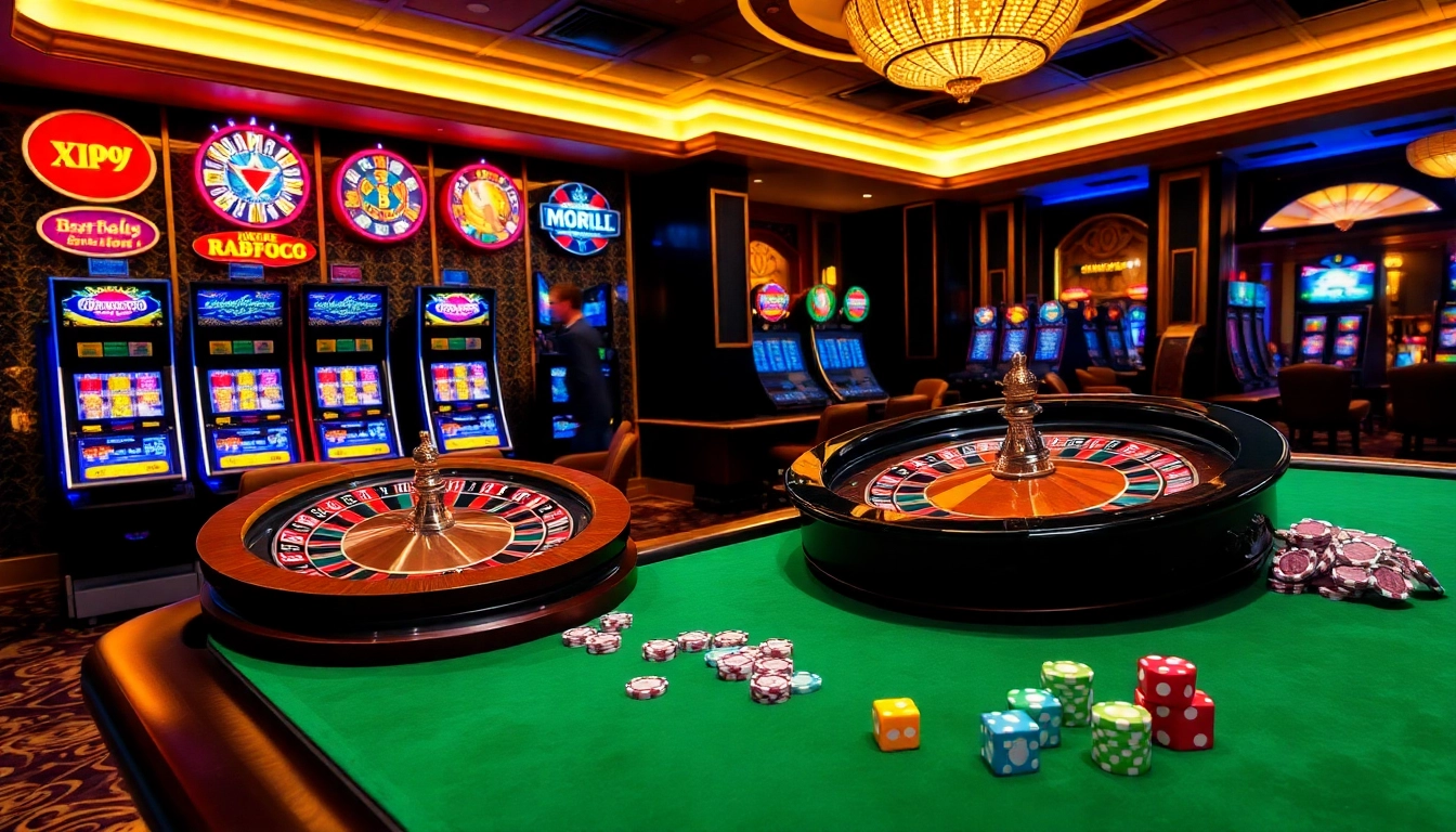 Exciting casino scene showcasing CF789 with roulette wheel, poker chips, and vibrant slot machines.