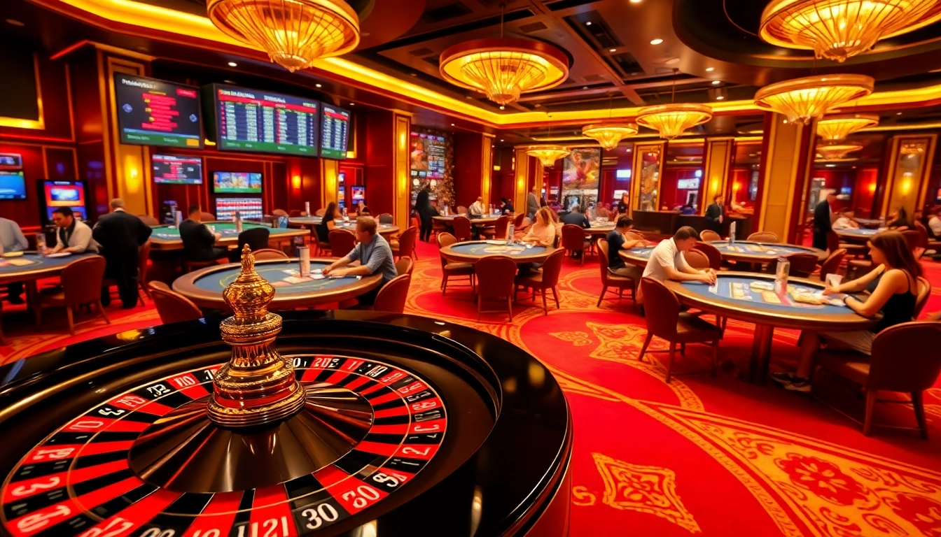 Gamblers strategizing at casino tables with 주소모음 links in a vibrant atmosphere.