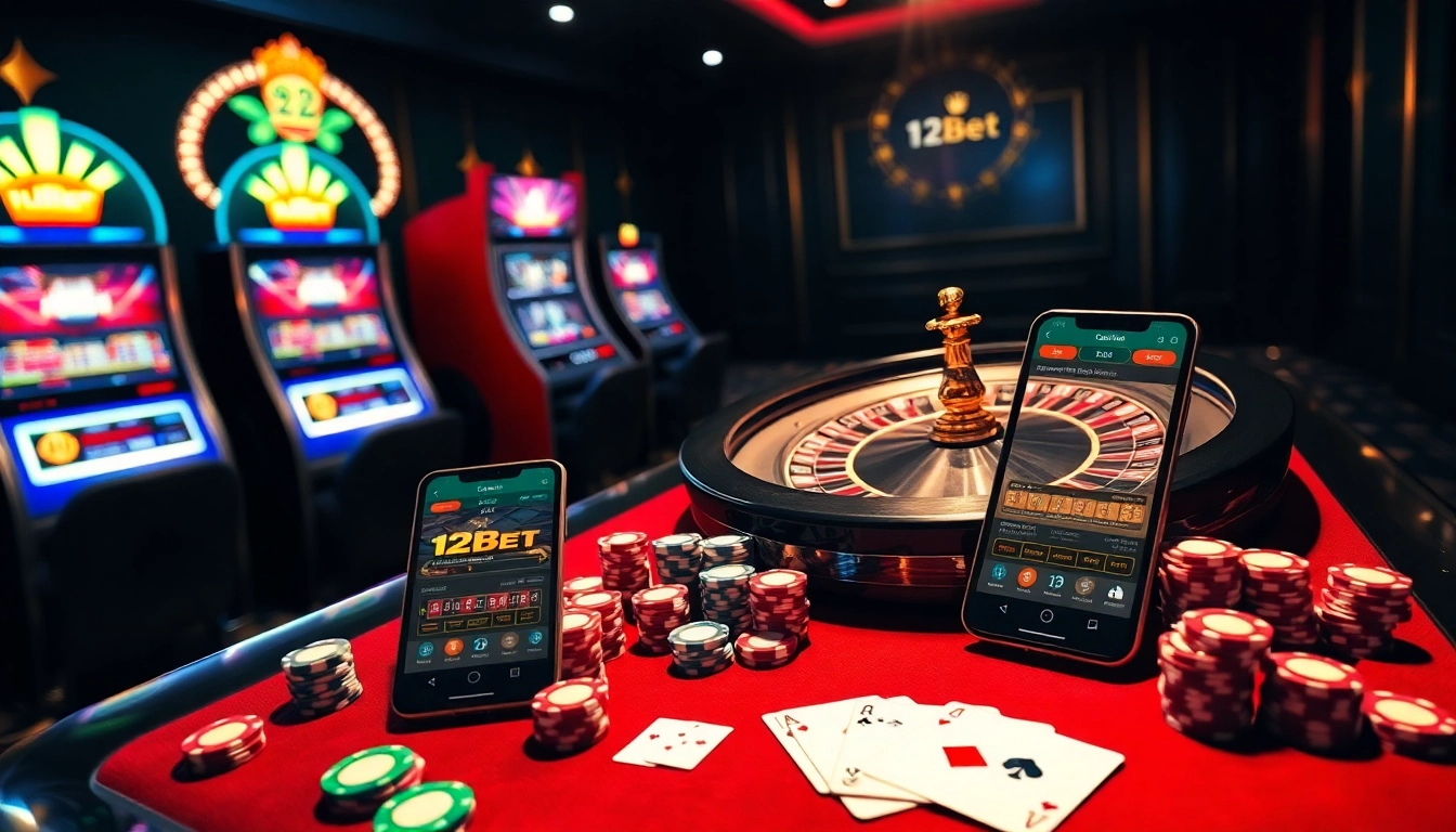 Engaging visual of ink vao 12bet, illustrating a vibrant casino atmosphere with roulette, poker, and mobile betting.