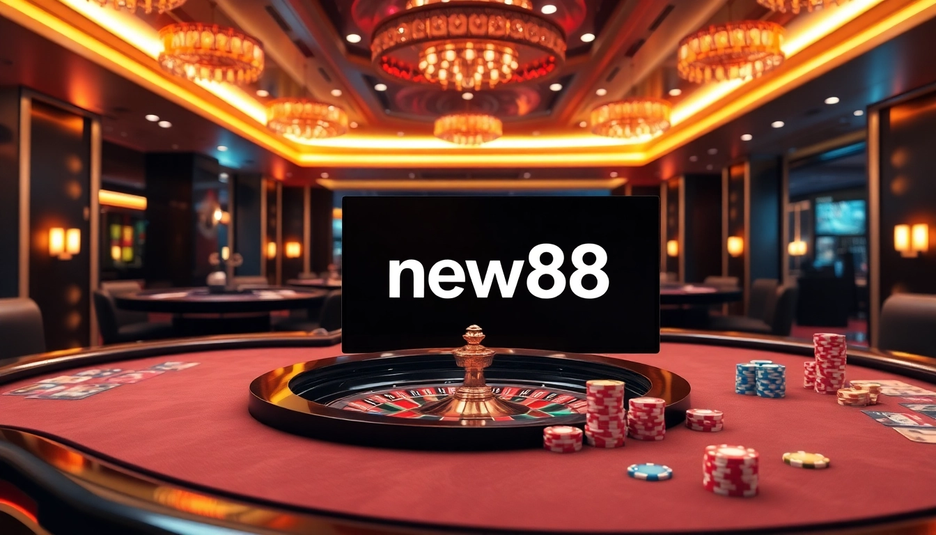 Experience seamless gaming with new88 đăng nhập on an elegant casino interface featuring roulette and poker elements.